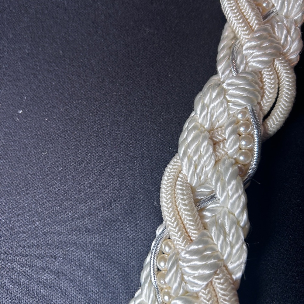 Vintage 80s Ivory Braided Rope Belt | Pearl Accent Statement Waist Belt - Picture 7 of 7